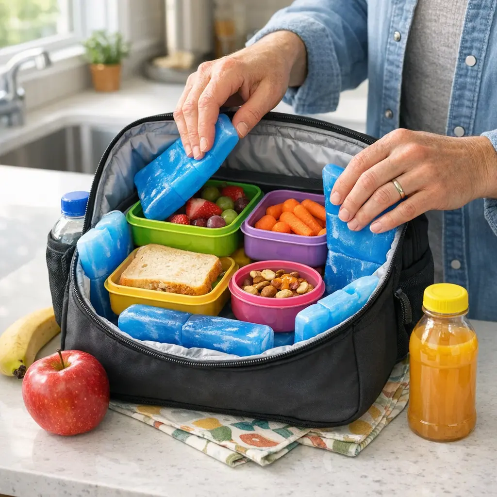 Hands packing school lunch with containers and ice packs for food safety