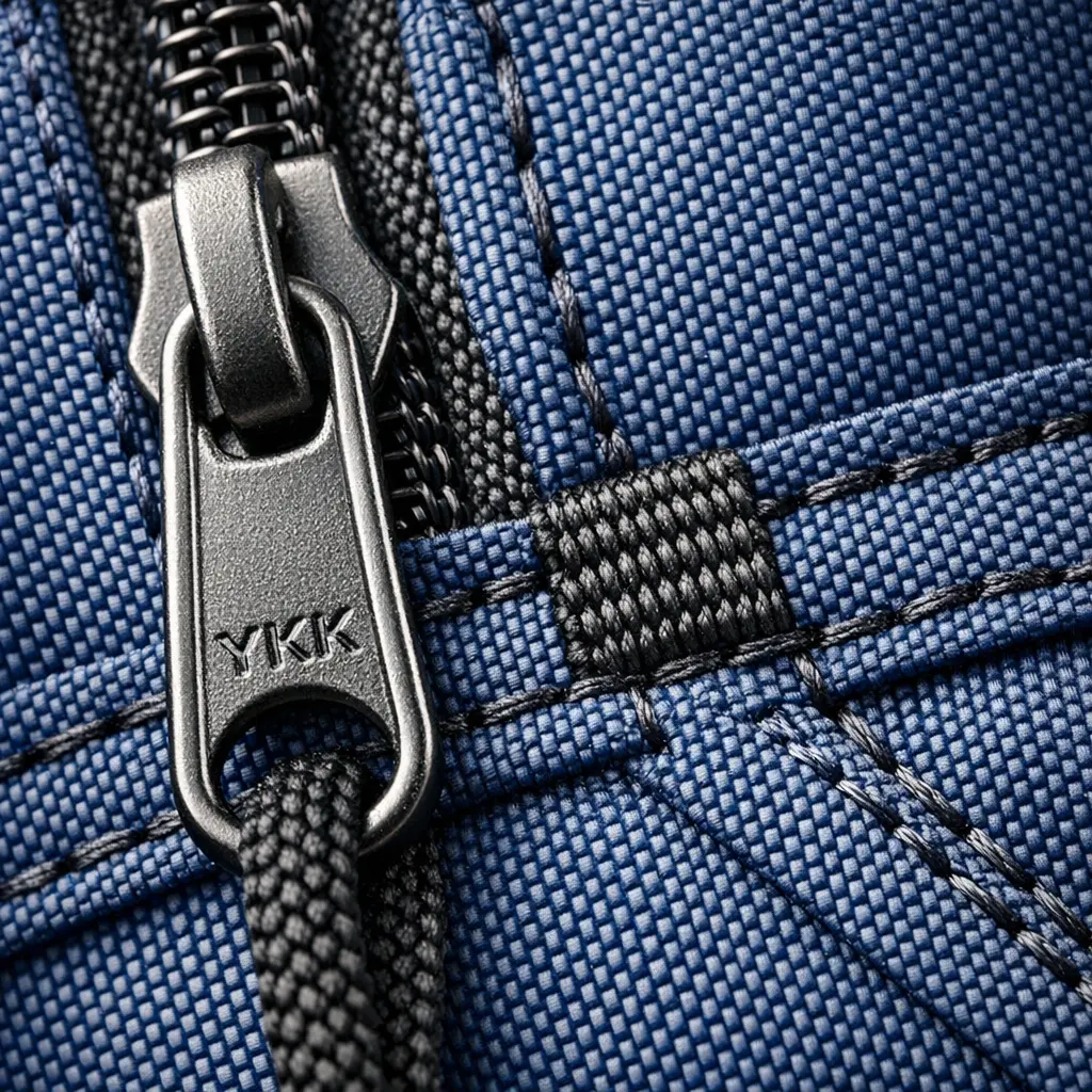 Close-up of JanSport backpack showing fabric weave, YKK zipper, and reinforced stitching details