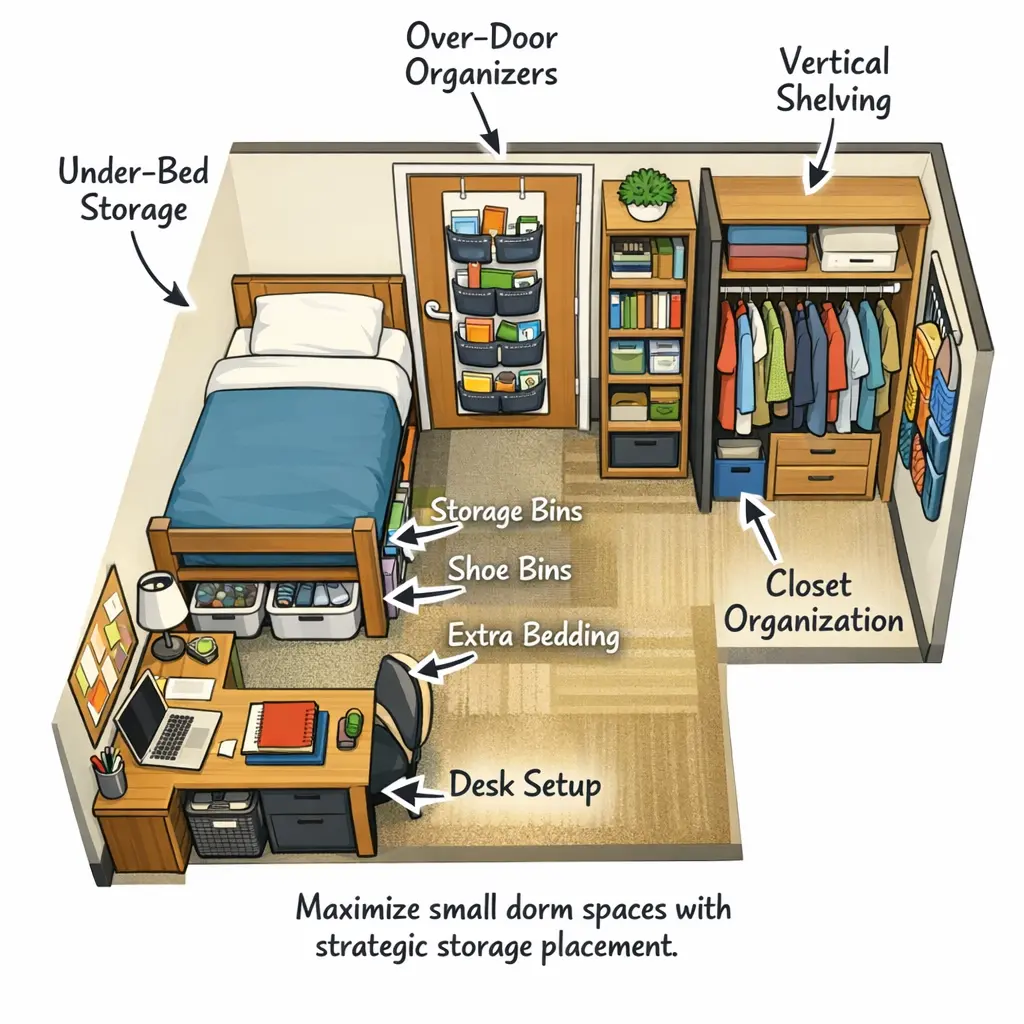 Dorm room organization diagram showing storage solutions and space-saving layouts