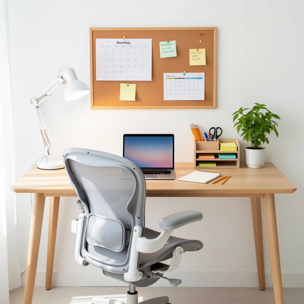 Organized homework station setup with desk, ergonomic chair, task lighting, and supply organizers in bright room