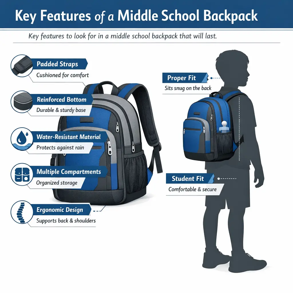 Infographic showing essential middle school backpack features including padded straps, reinforced bottom, and ergonomic design