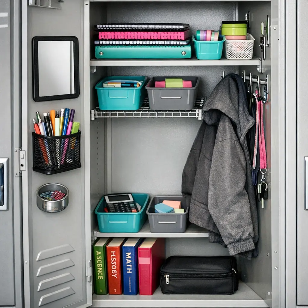Organized middle school locker with shelf, magnetic accessories, and efficient supply storage system