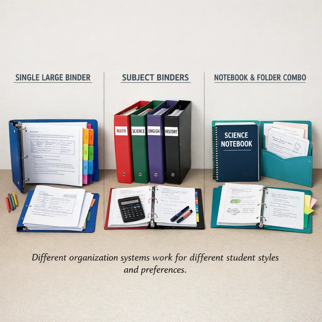 Comparison of three middle school organization systems: single binder, subject binders, and notebook-folder combinations