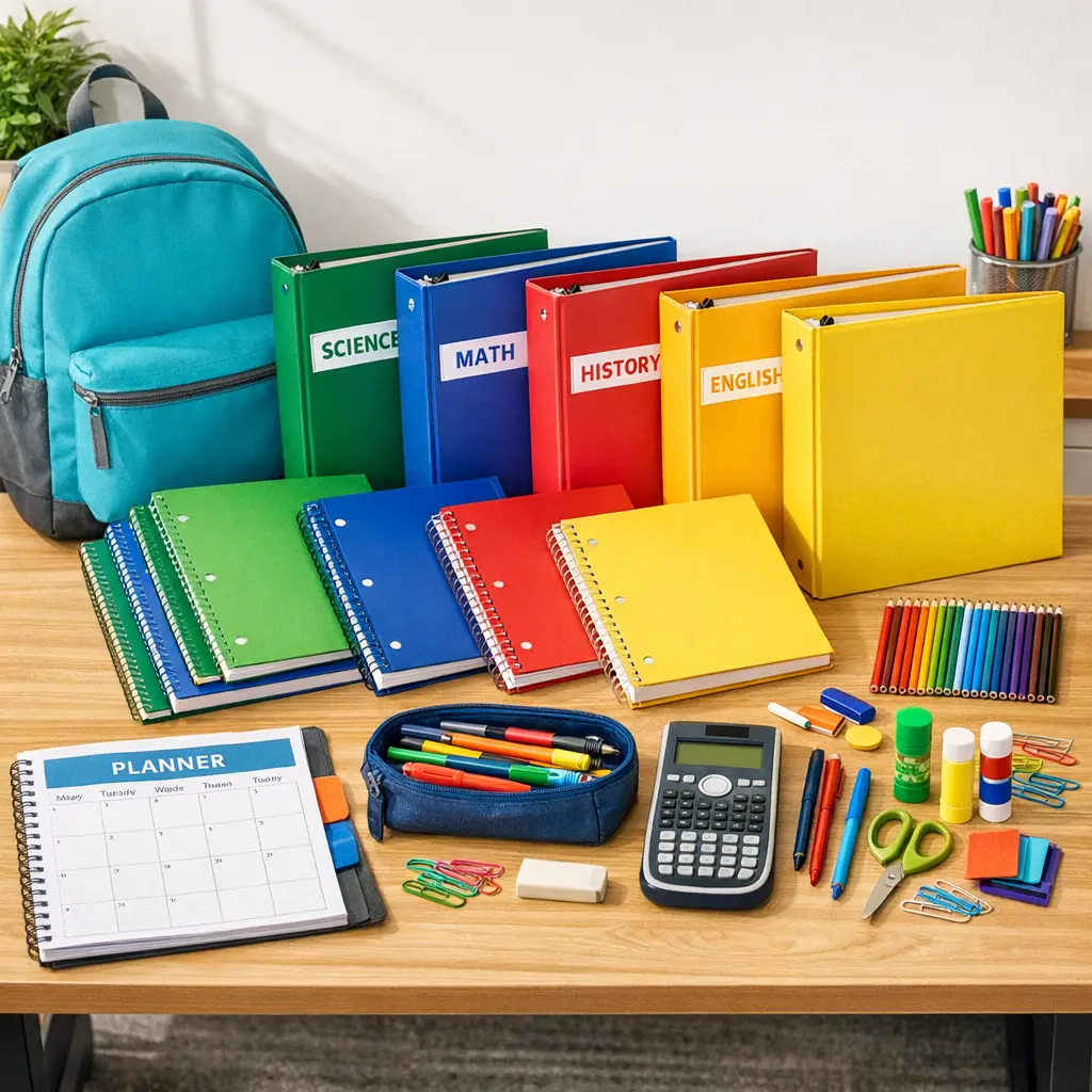 Complete middle school supply list organized by color with backpack, notebooks, binders, calculator, and school supplies for grades 6-8
