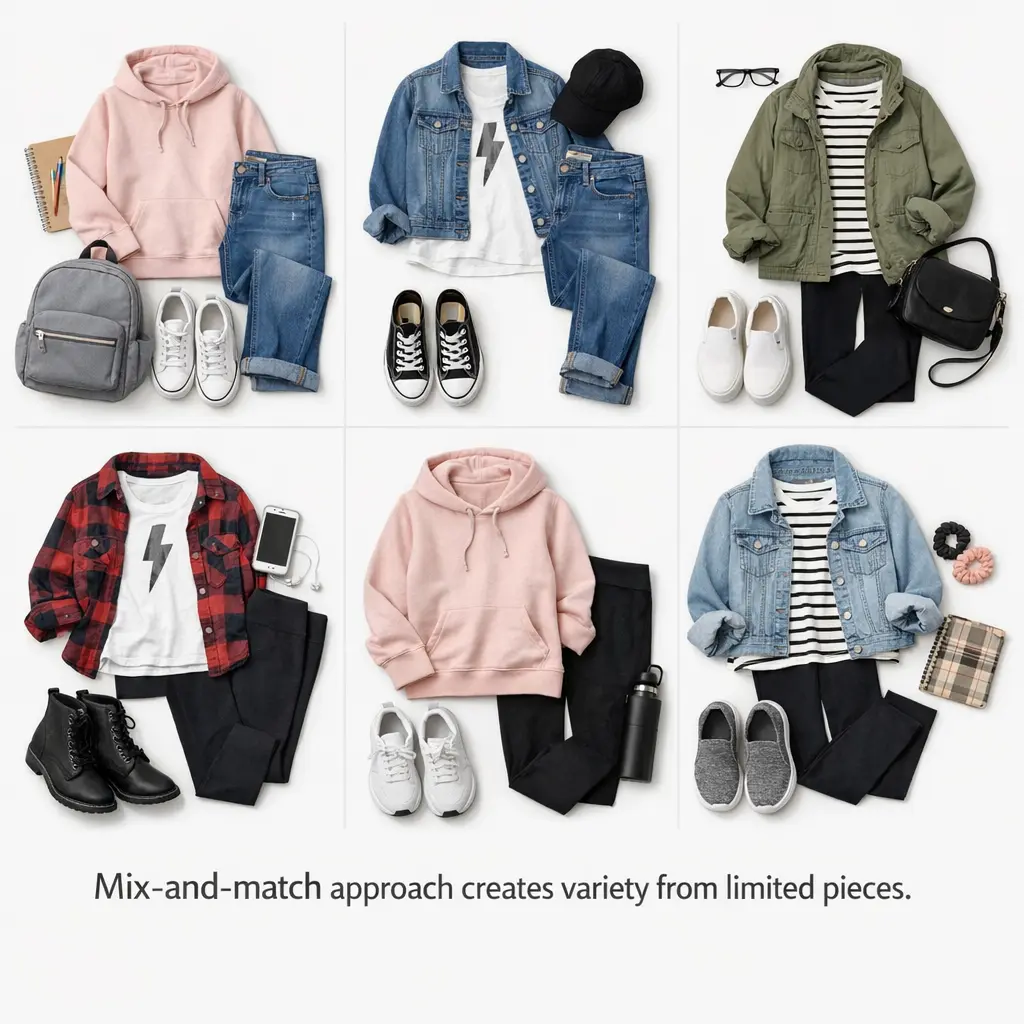 Six different school outfit combinations created from the same basic wardrobe pieces