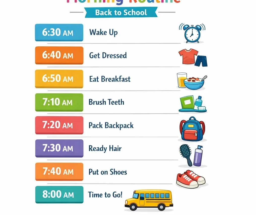 Visual morning routine timeline showing back to school organization schedule