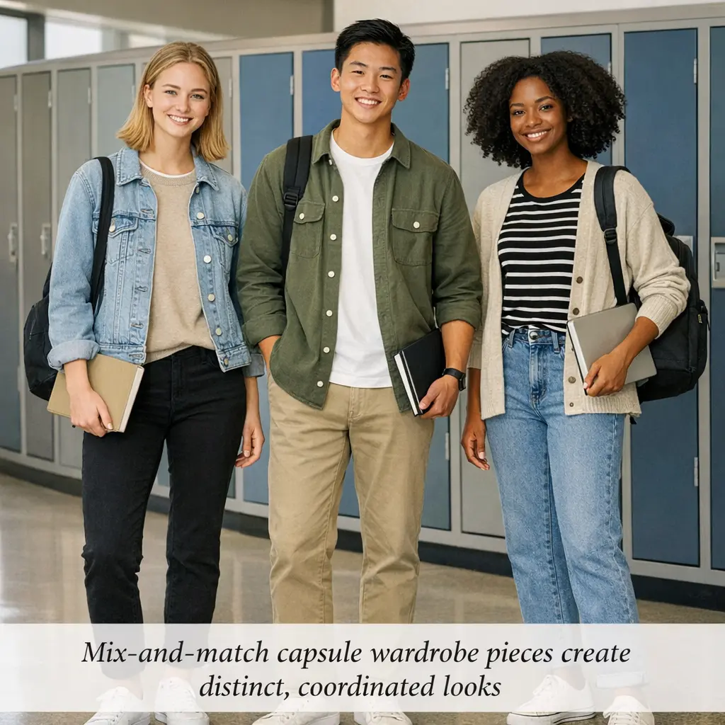 Students wearing back to school capsule wardrobe outfits in school hallway