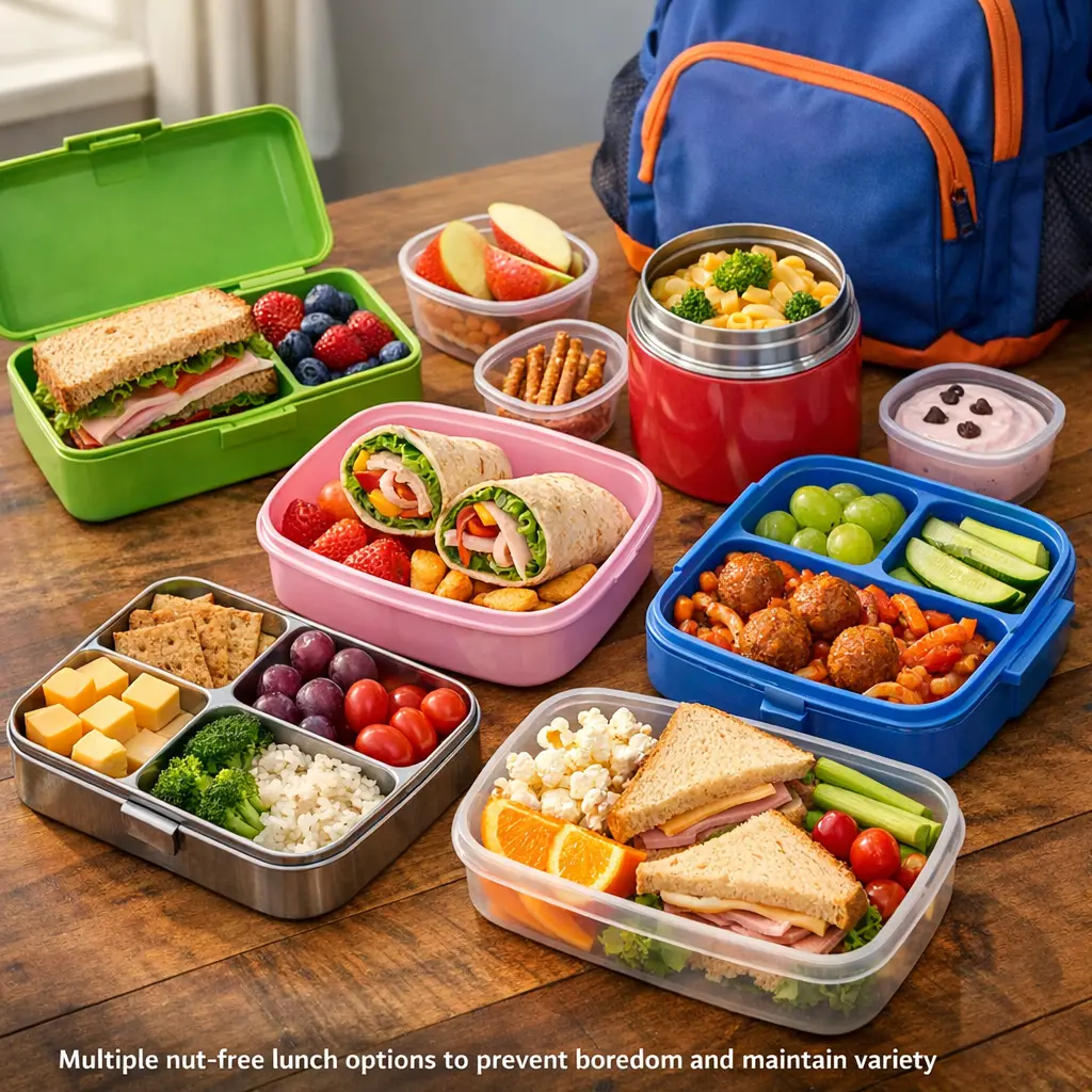 Variety of nut-free school lunch ideas including sandwiches, wraps, and hot options