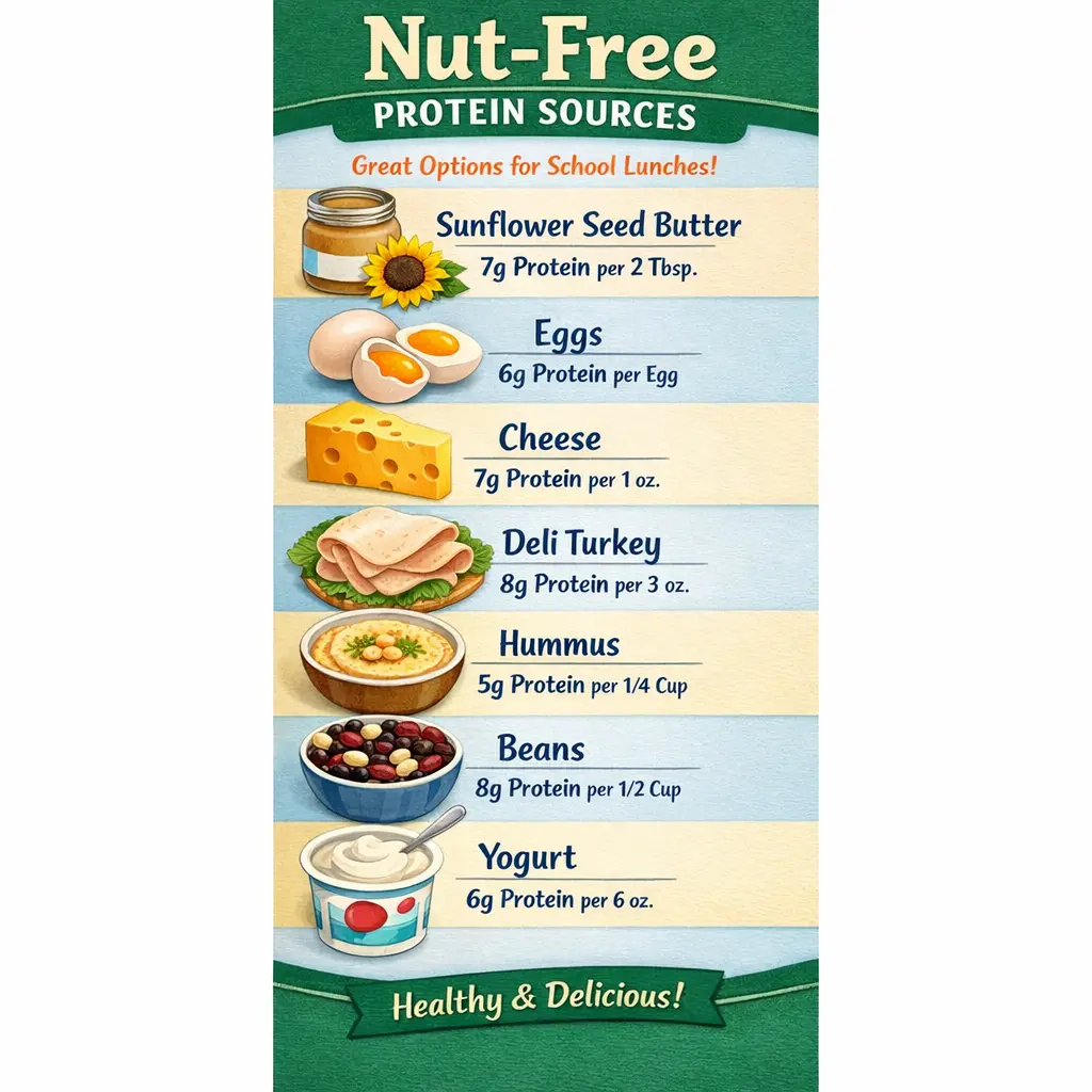 Infographic of nut-free protein sources for school lunches with nutritional information