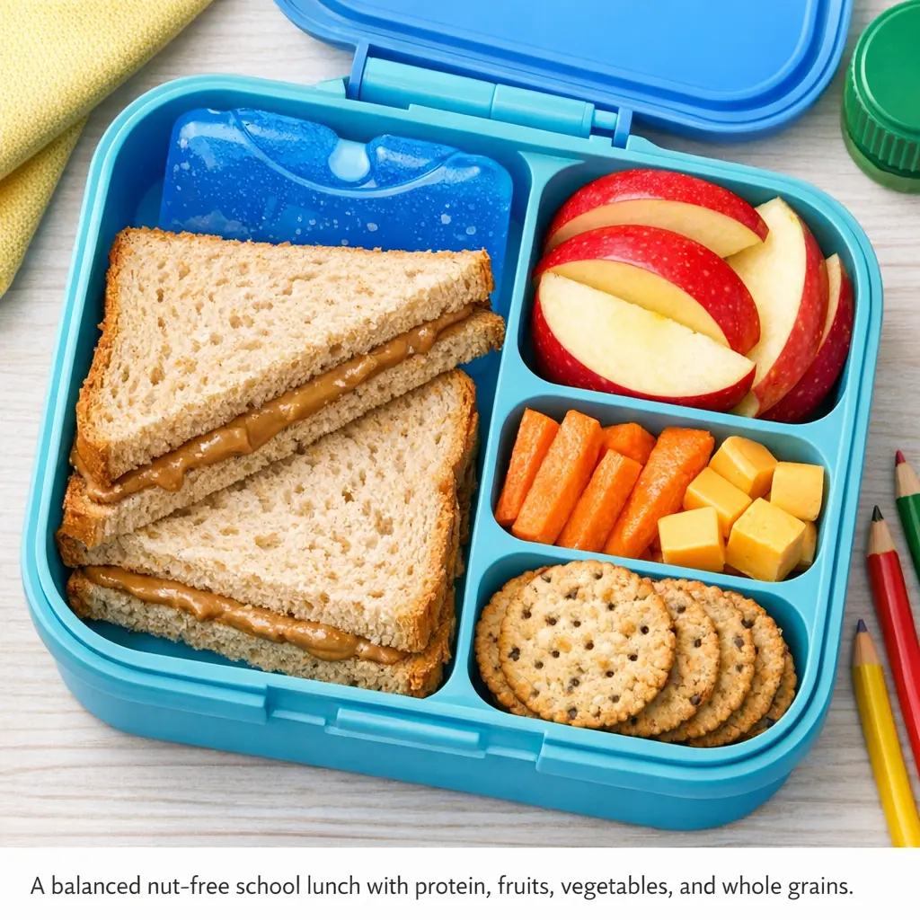 Nut-free school lunch with sunflower butter sandwich and healthy sides in bento box