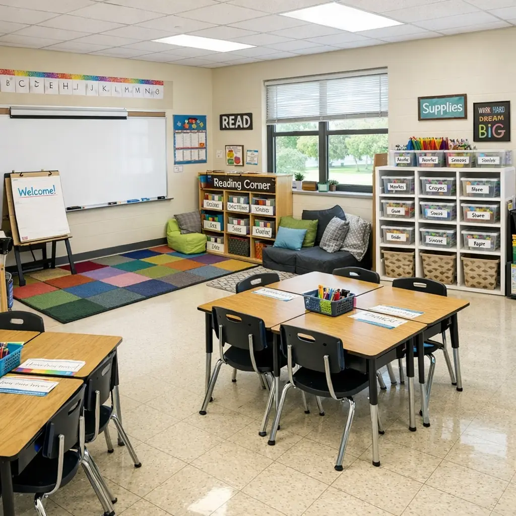 Organized elementary classroom with labeled storage bins, distinct learning zones, and accessible supply station