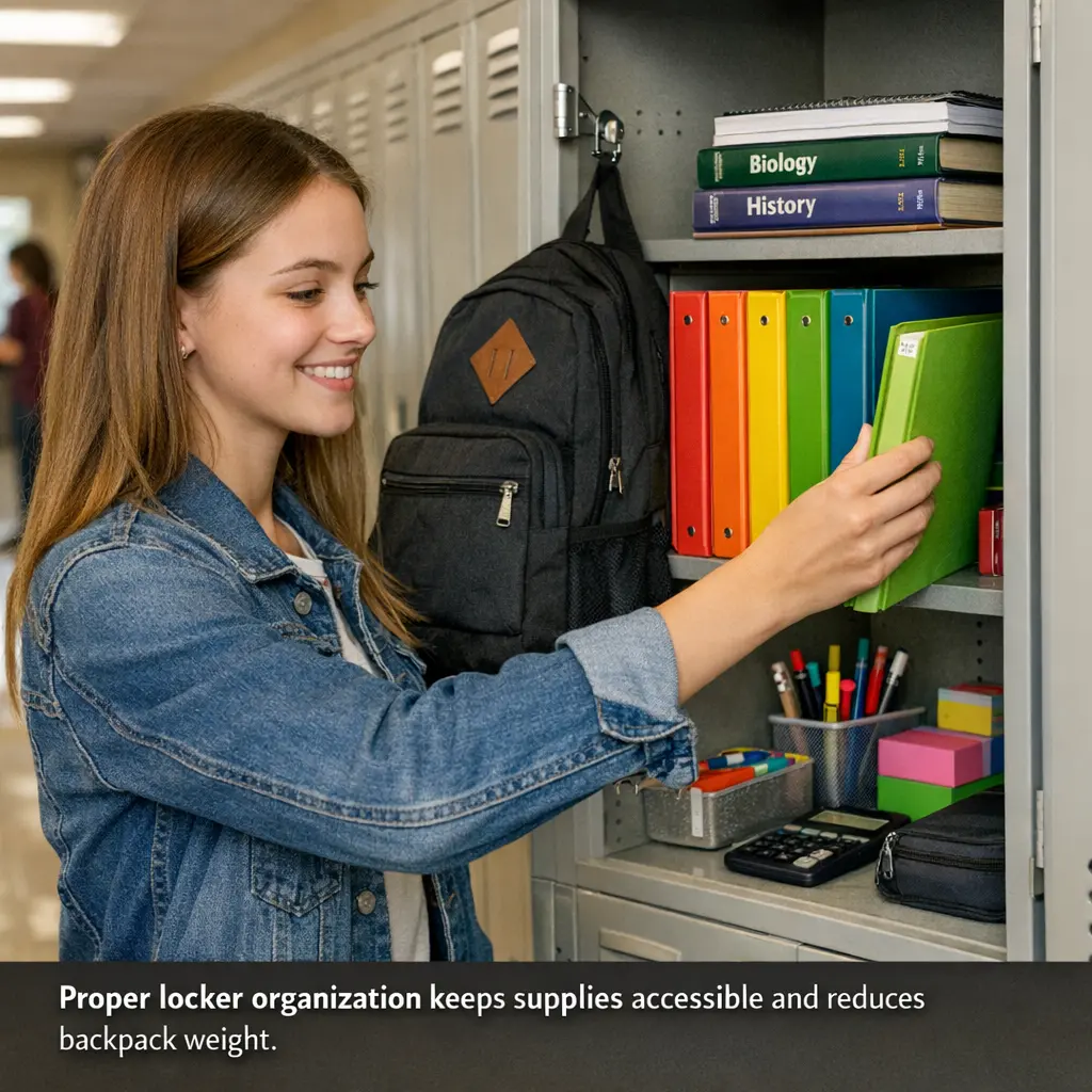 High school student organizing color-coded supplies in locker with binders, textbooks, and backpack