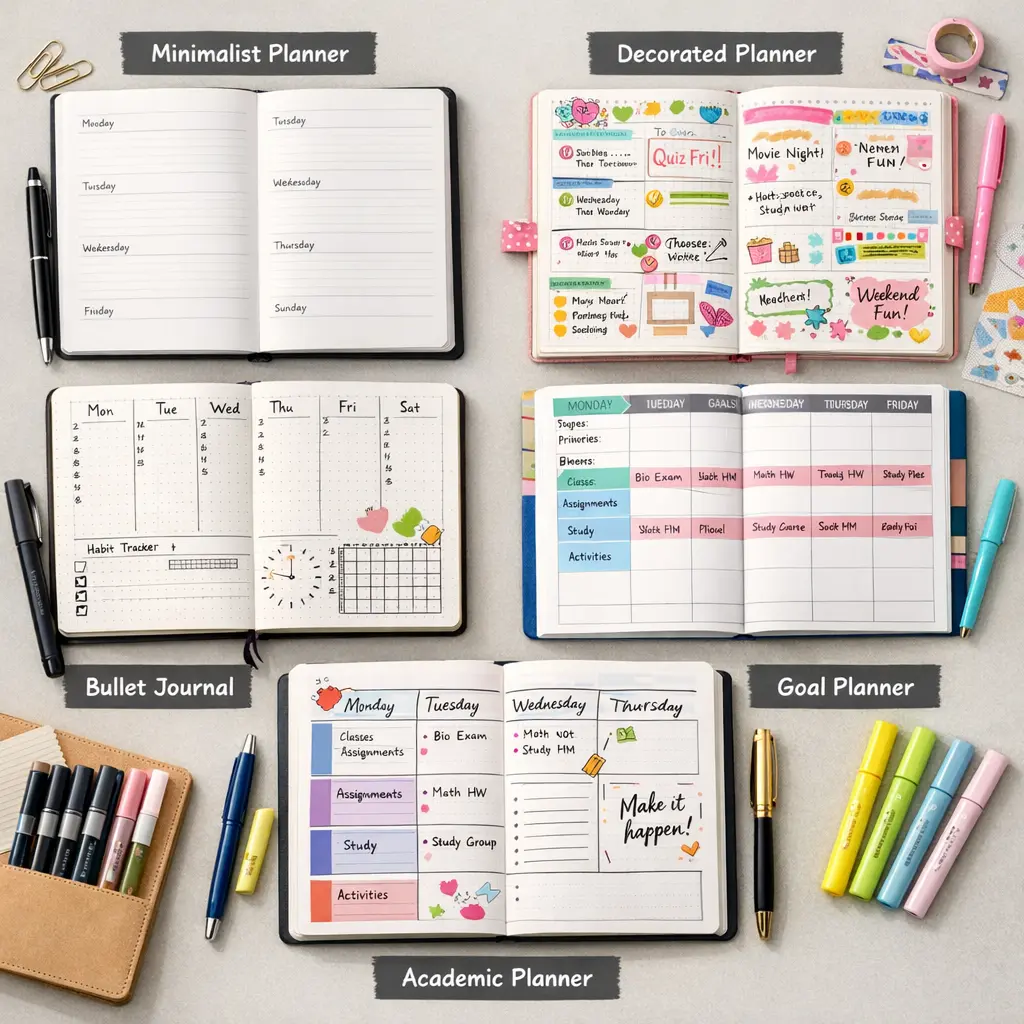 Different paper planner types and styles for students including bullet journals and academic planners