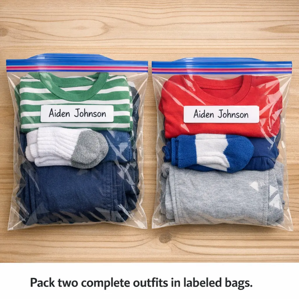 Complete set of extra preschool clothes organized in labeled storage bag