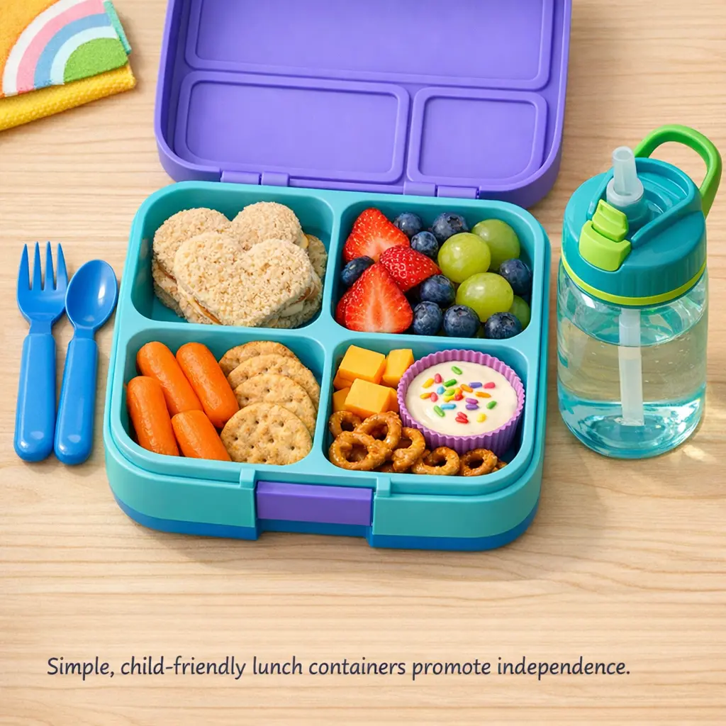 Preschool lunch supplies including bento box with compartments and leak-proof water bottle
