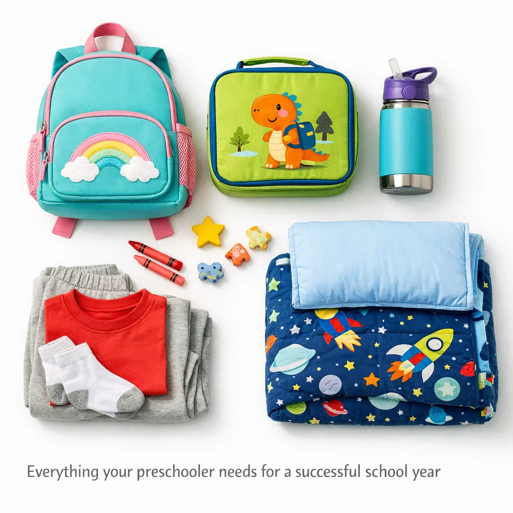 Complete preschool supply list including backpack, lunch box, water bottle, extra clothes and nap supplies