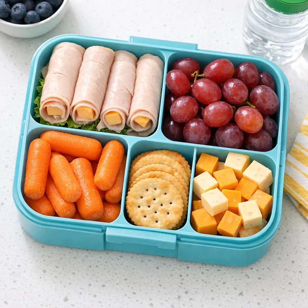 Quick 5-minute school lunch in bento box with turkey roll-ups, vegetables, fruit, and crackers