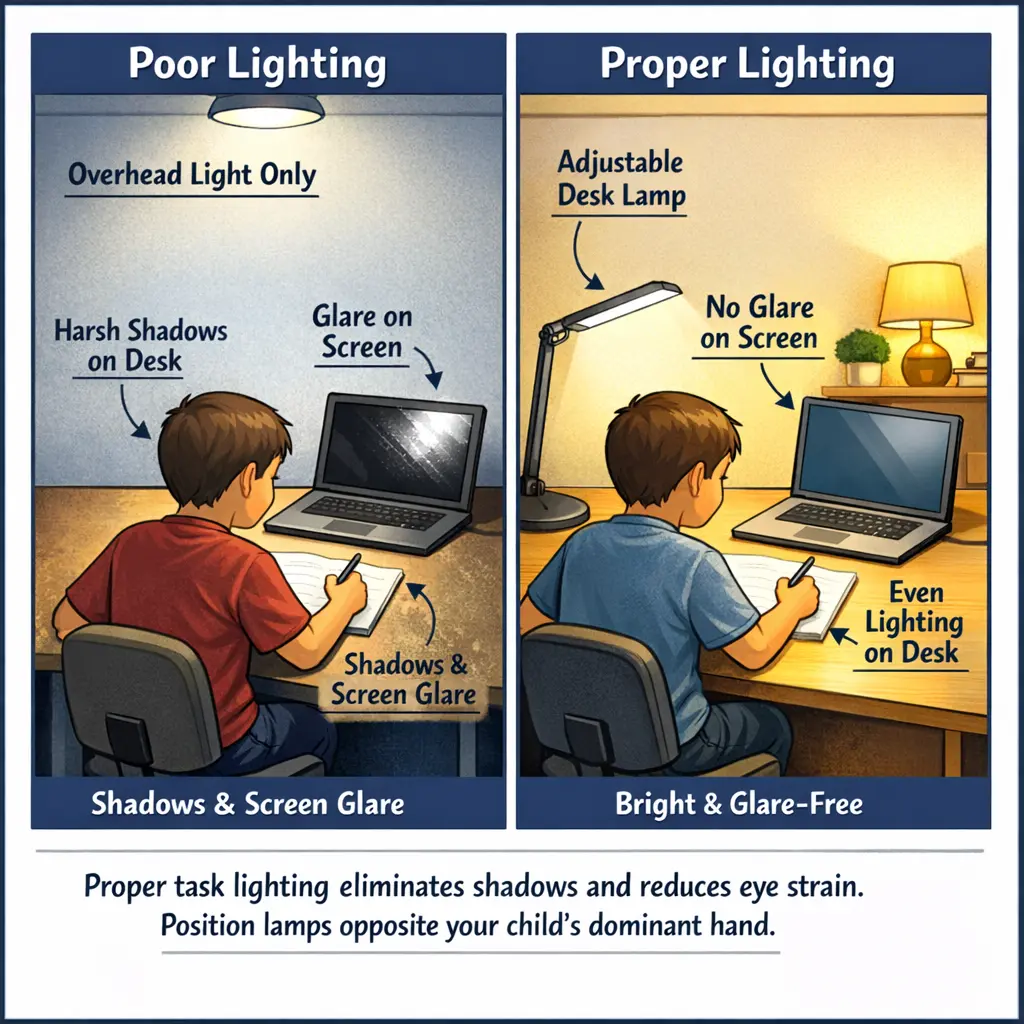 Comparison showing incorrect overhead-only lighting versus proper task lighting with desk lamp for homework stations