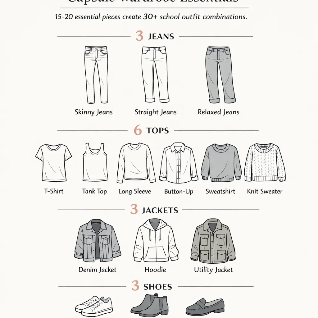 Infographic showing essential school wardrobe pieces including jeans, tops, jackets, and shoes