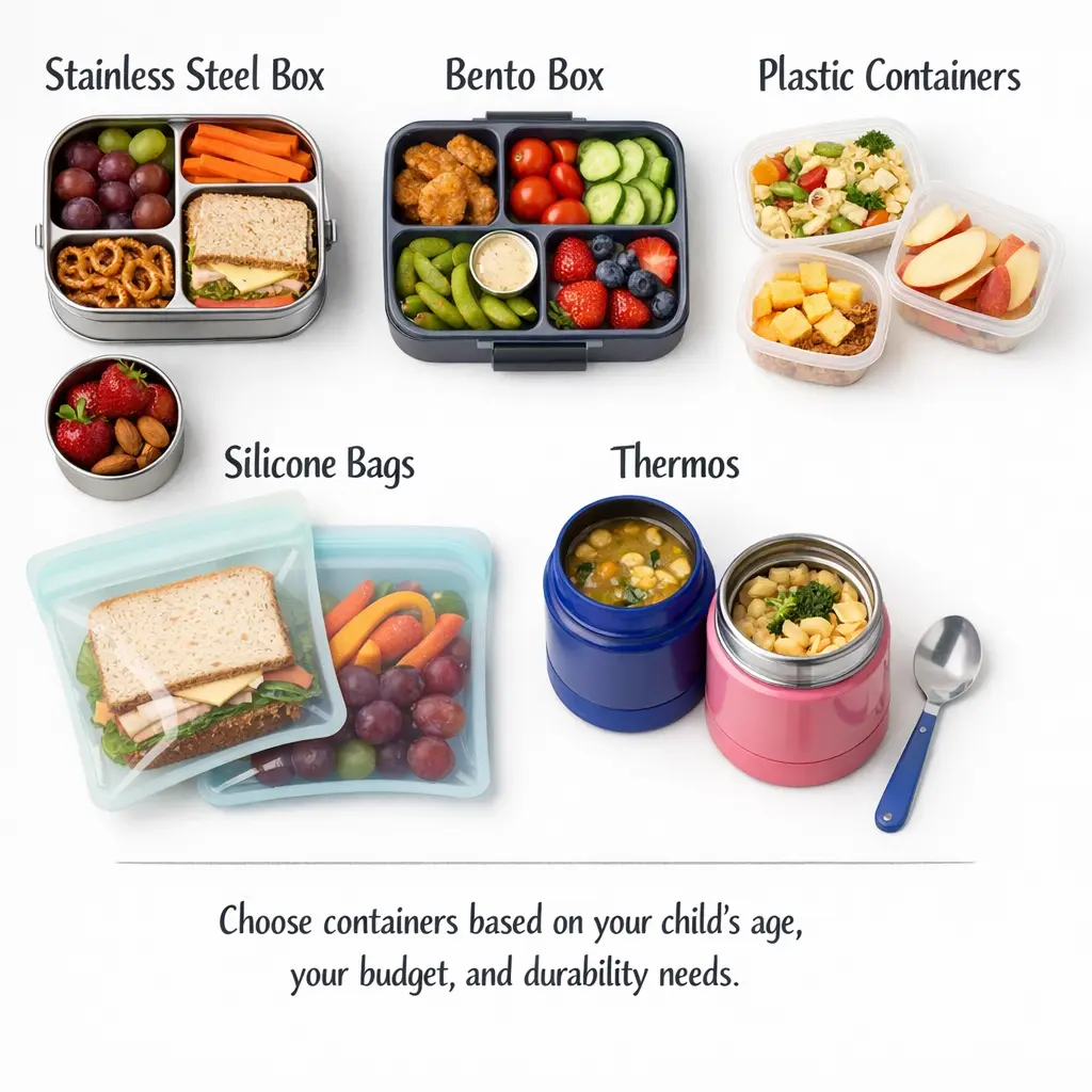 Different types of school lunch containers including bento boxes, stainless steel, plastic, and thermoses