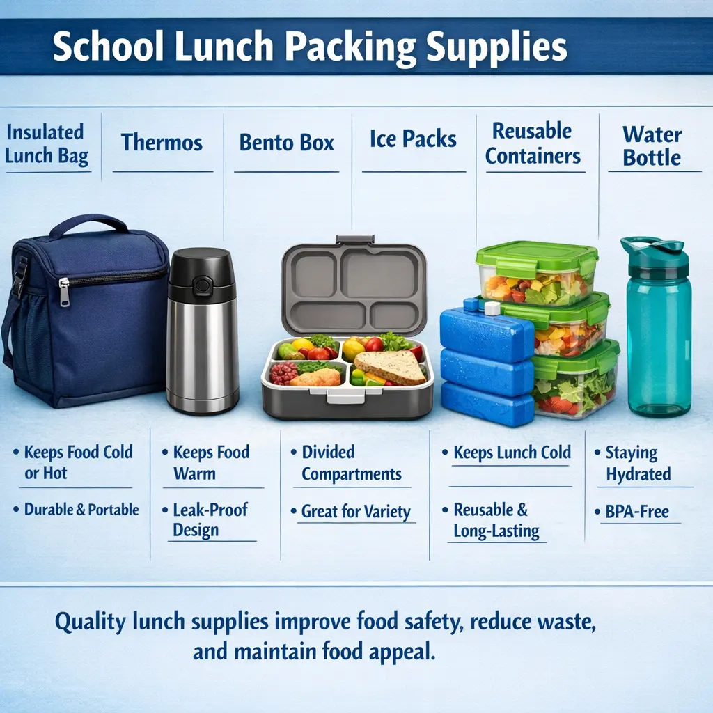 Essential school lunch packing supplies including lunch bag thermos containers ice packs