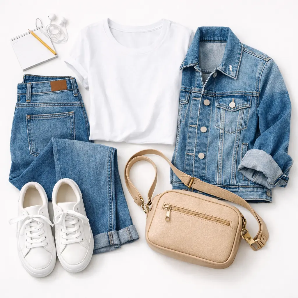School outfit ideas showing jeans, white tee, denim jacket, and sneakers in a flat-lay arrangement
