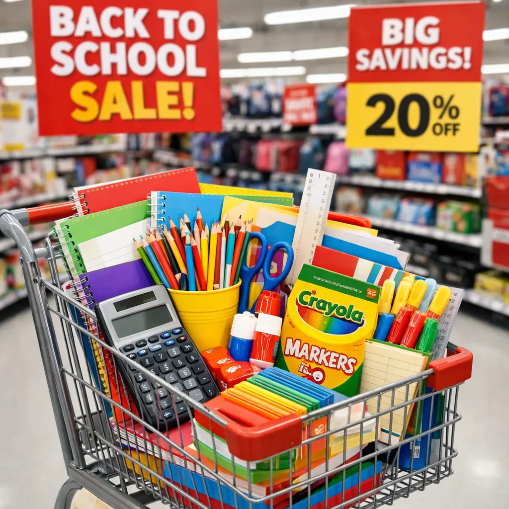Shopping cart with school supplies during back to school sales at retail store