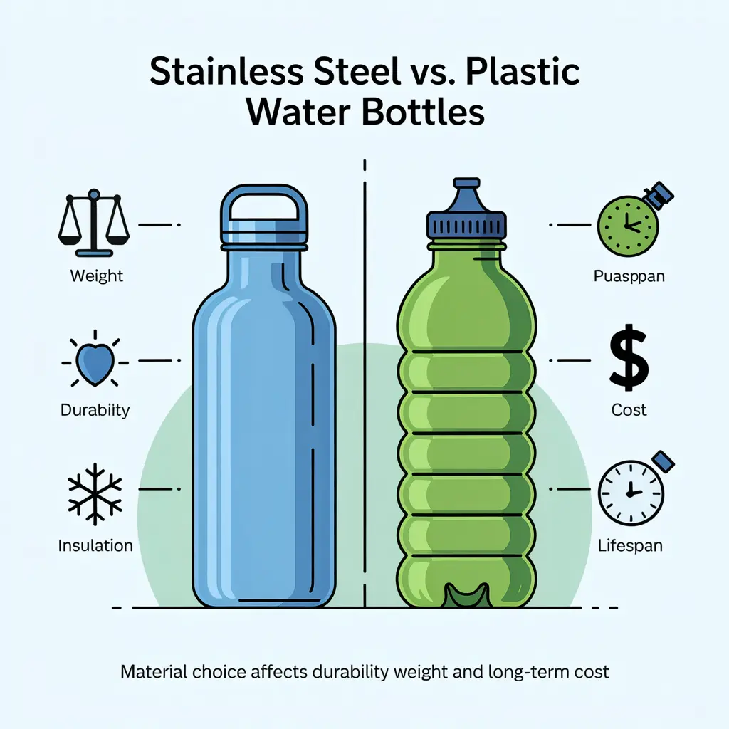 Infographic comparing stainless steel and plastic water bottles for school use
