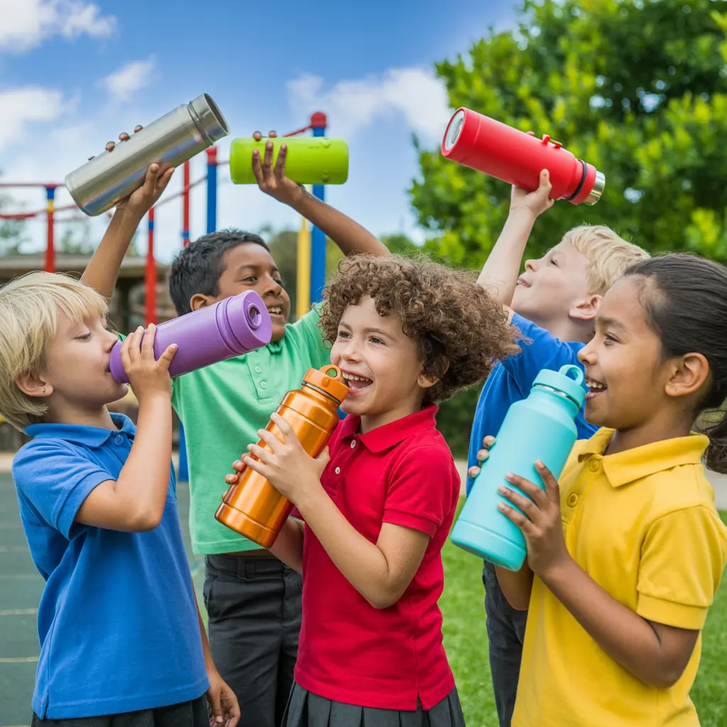 Elementary school children drinking from leak-proof water bottles during recess