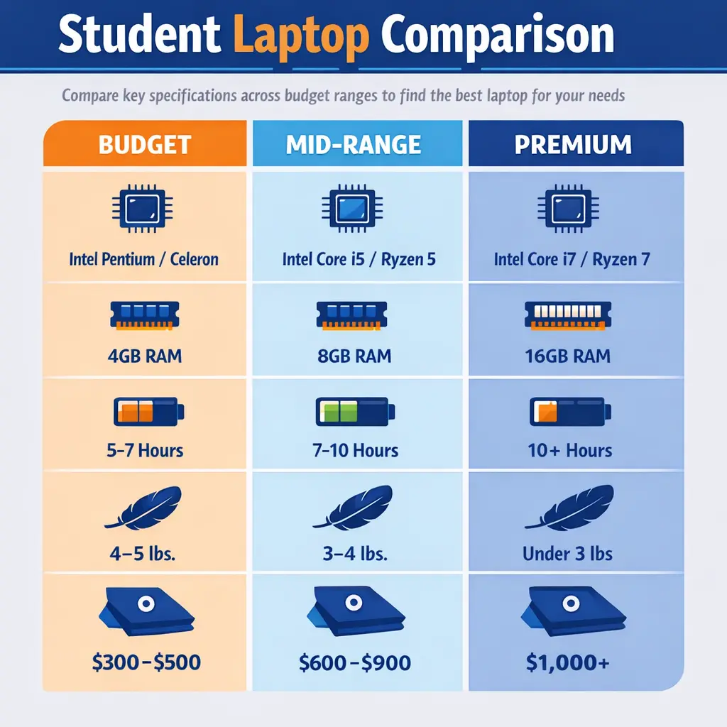 Infographic comparing budget, mid-range, and premium student laptop specifications and features