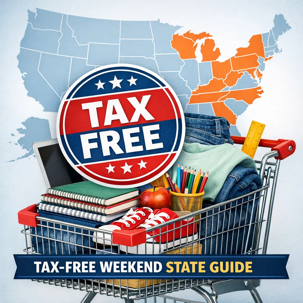 Tax free weekend shopping guide showing back-to-school items and participating states