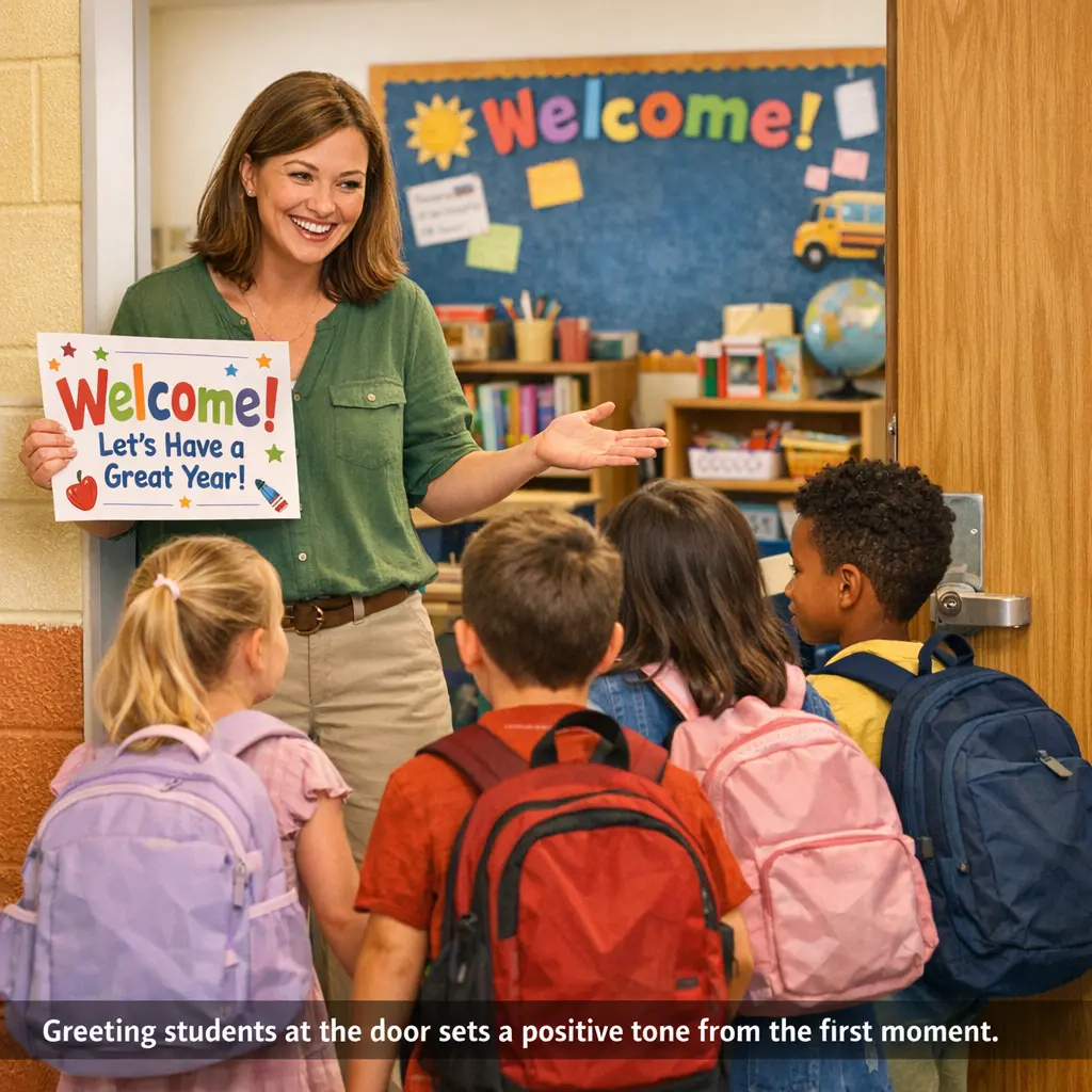 Elementary teacher welcoming students at classroom door on first day of school