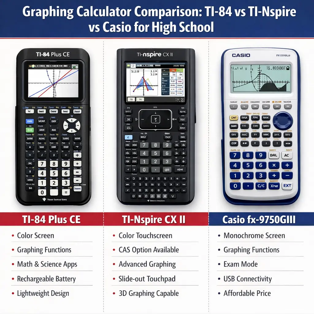 Graphing calculator comparison chart TI-84 vs TI-Nspire vs Casio for high school
