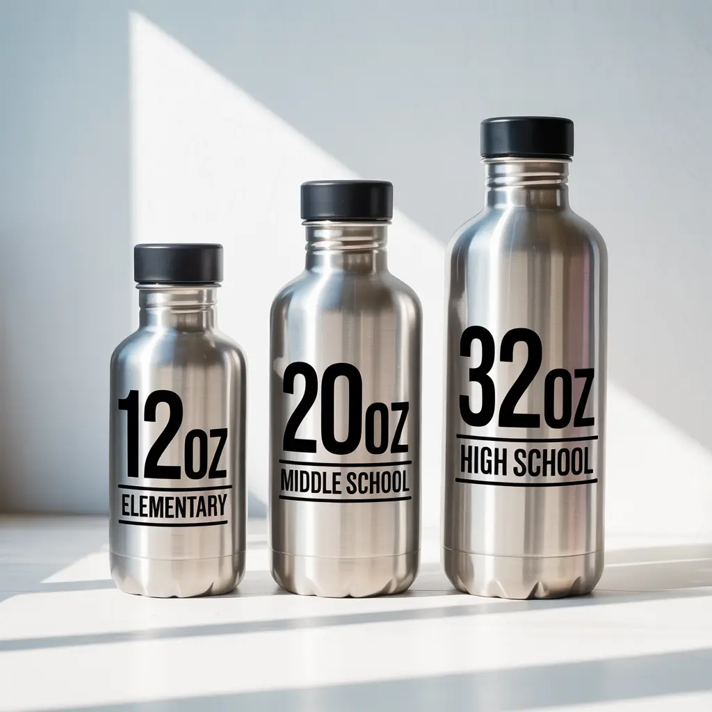 Water bottle size guide showing 12oz, 20oz, and 32oz options for different school ages