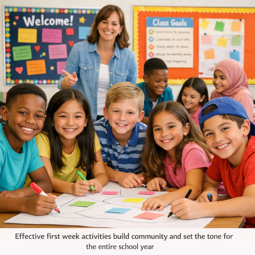 Teachers leading first week of school activities with diverse students in collaborative classroom setting